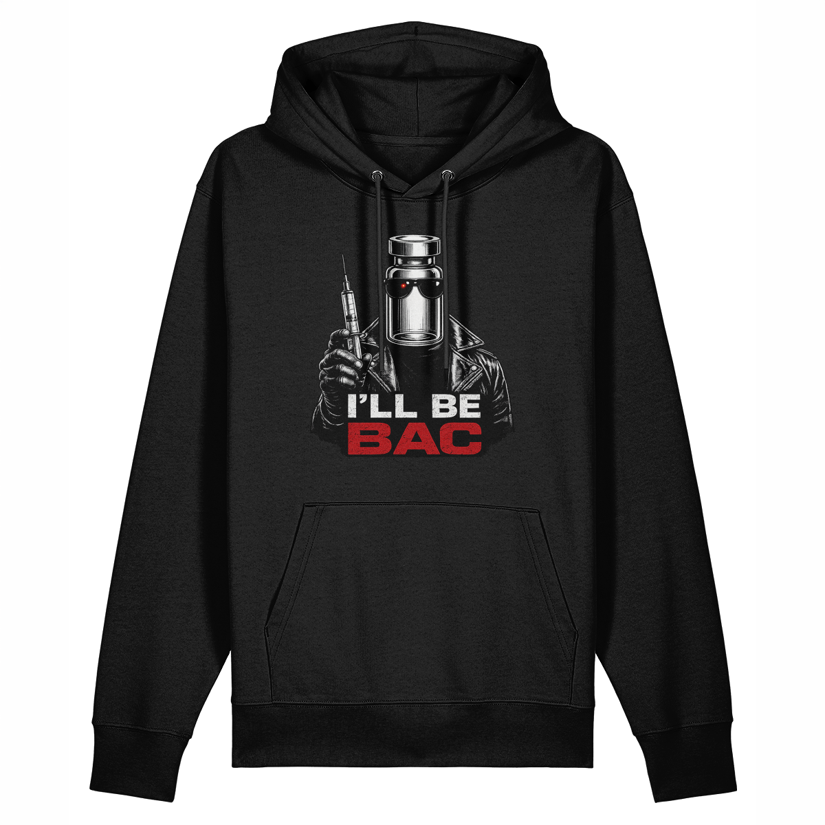 Men's black hoodie with "I'll Be Bac" design