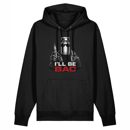 Men's black hoodie with "I'll Be Bac" design