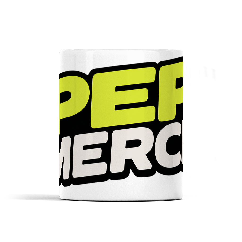 Mug with 'PER MERC' text in bold letters on a white background