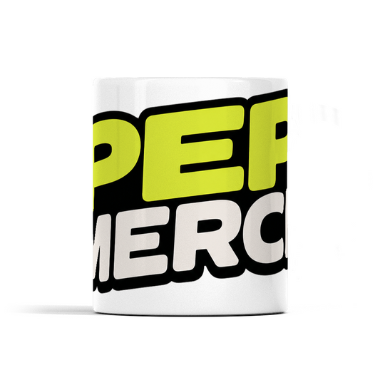 Mug with 'PER MERC' text in bold letters on a white background